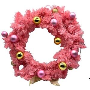 Large Pink Artificial Christmas Wreath with LED Lights and Ornaments
